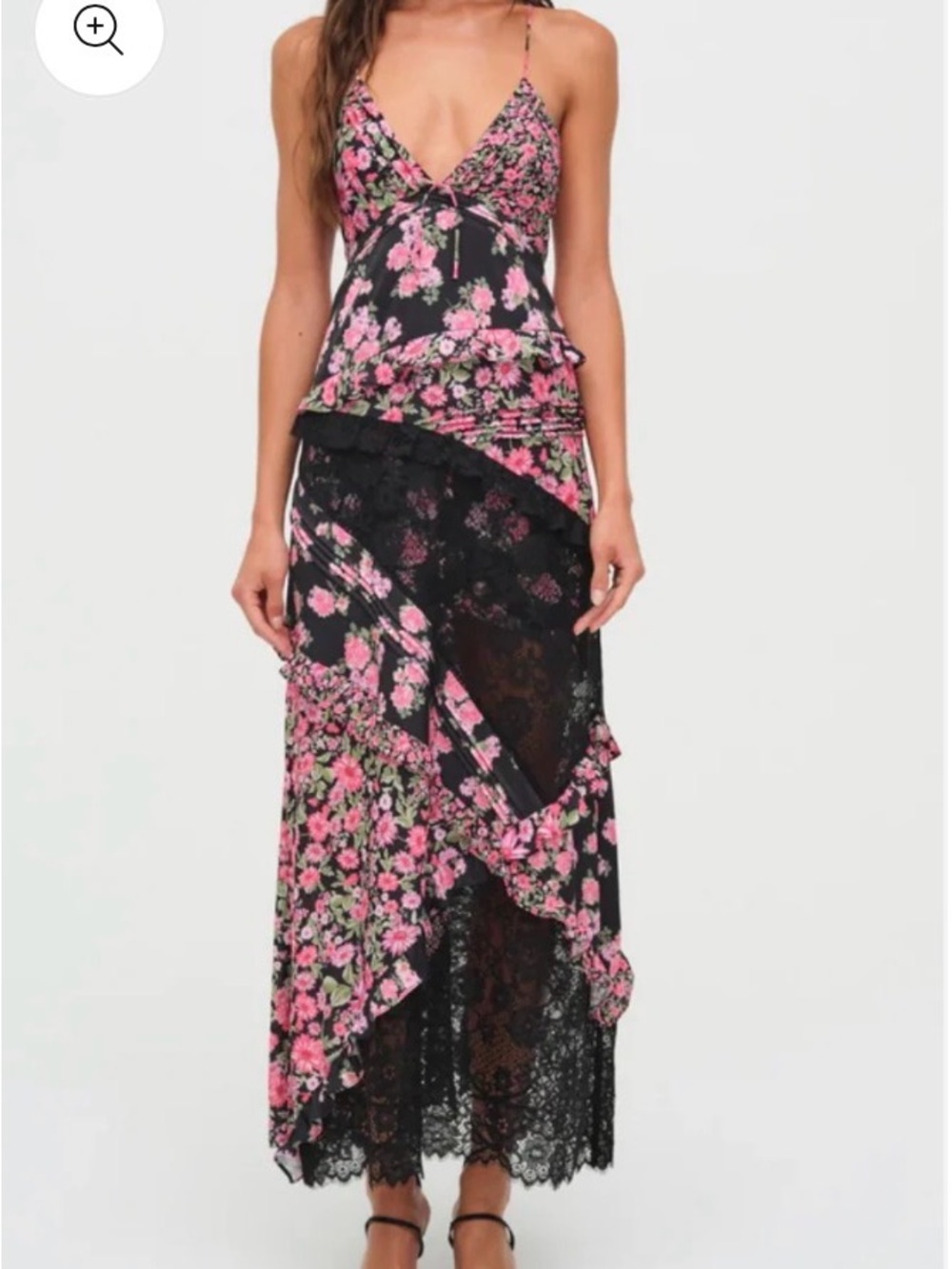 For Love & Lemons Black Maxi Dress with Pink Floral Print